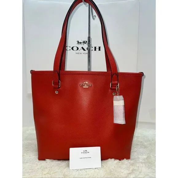 🔥🎁NWT! Coach Zip Top Tote Handbag Crossgrain Leather Carmine F36632 Msrp:$295