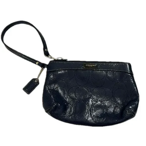 COACH Navy Blue Patented Leather Signature Stitch Wristlet