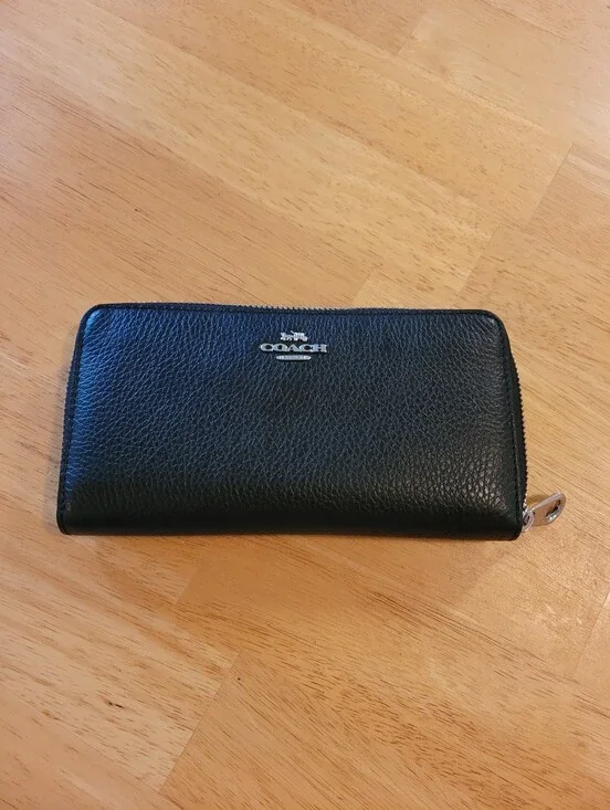 Genuine Black Pebble Leather Coach Zip Around Wallet