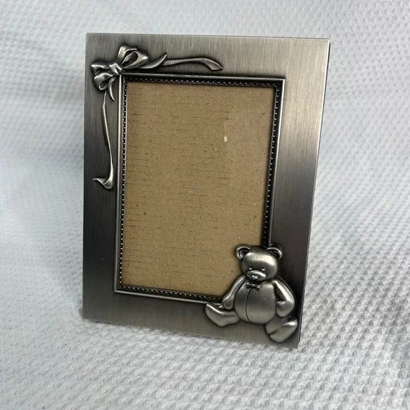 Burnes Of Boston Brushed Silver Picture Frame W/Teddy Bear & Bow Size 3.5