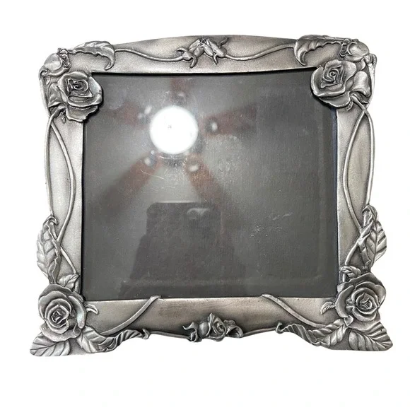 Vtg silver Mid Century Modern 5x5.5 Picture Frame Ornate Etched filigree pewter