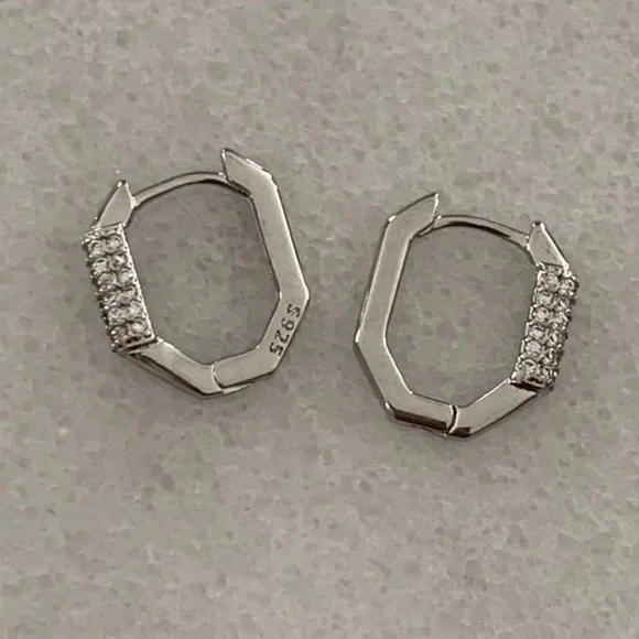 Sterling Silver Crystal Geometric Huggie Hoop Earrings Brand New