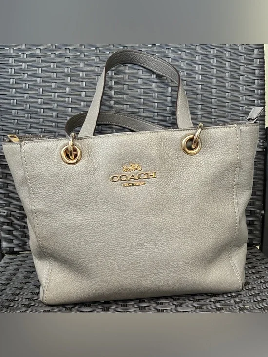 COACH Pebbled Leather Tote in Light Gray with Gold Hardware