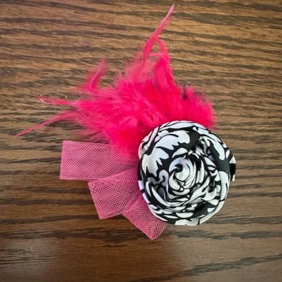 Hot Pink Feather with Damask Print Rolled Rose Hair Clip  5B4566