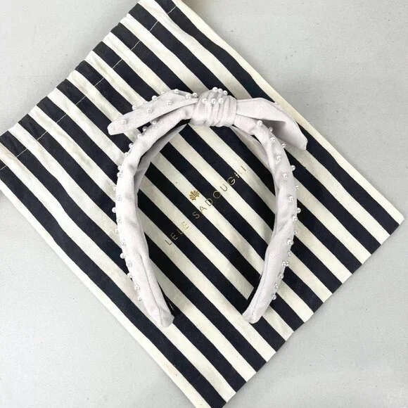 Lele Sadoughi x Crewcuts Grey Velvet Pearl Bow Headband Kids Embellished Preppy