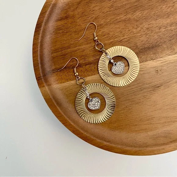 4/$15 Gold Swirl Textured Hoop Heart Drop Earrings