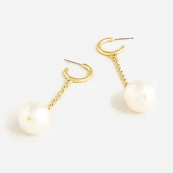 J. Crew Large Pearl and Chain Drop Gold Tone Earrings NWT