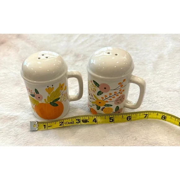 Vintage 1970's Fall Harvest Pumpkin Floral Ceramic Salt and Pepper Shakers Set