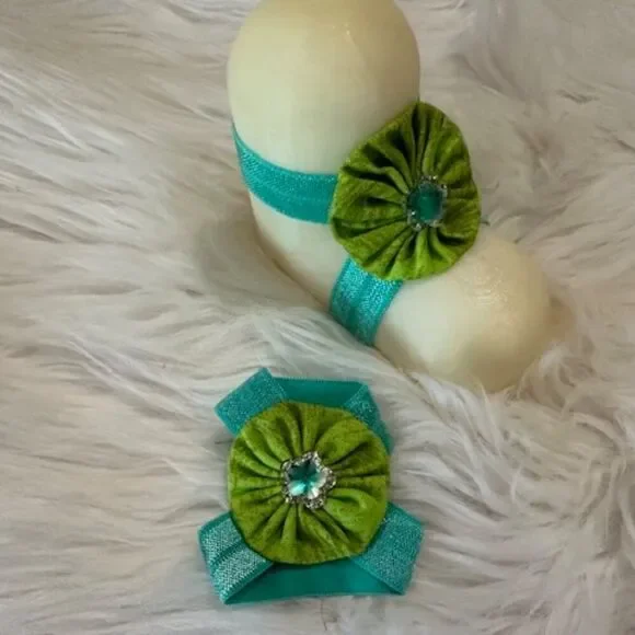 Lime Green Yo-Yo Flower Barefoot Sandal  YO19  Handmade NWT Boutique