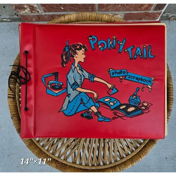 Vintage Ponytail Photo Scrapbook Album MCM Red Vinyl Teen Girl Graphic 60s