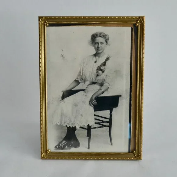 Antique Gold Metal Framed Image of a Young Woman Girl Dated March 31 1912