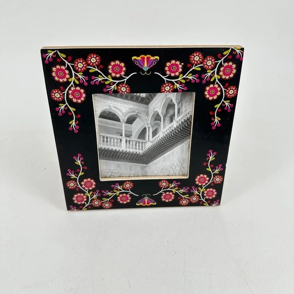 World Market Floral Butterfly Wood Picture Frame Black Pink Folk Art 6.5x6.5