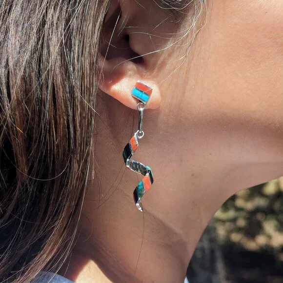 Authentic Zuni‎ Spiral Multi Stones Inlay Dangle Earrings Handmade NA Jewelry**