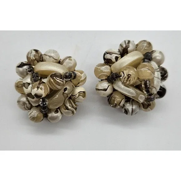 Vintage Cluster Bead Clip On Earrings Boho Statement Dangle Earrings HONG‎ KONG