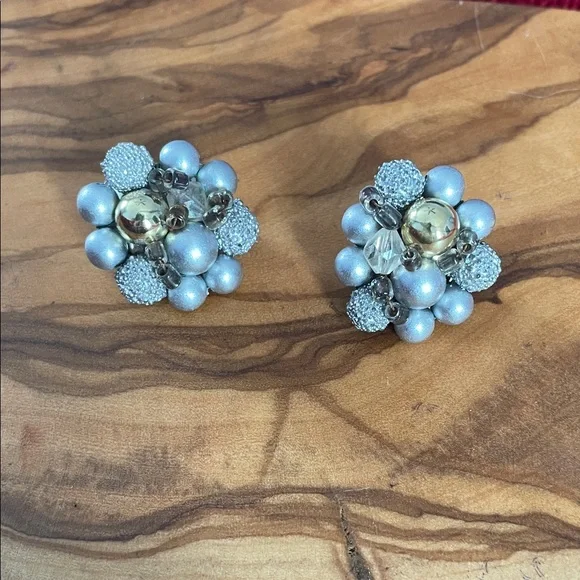 Vintage Silver and Gold Cluster Clip On Earrings