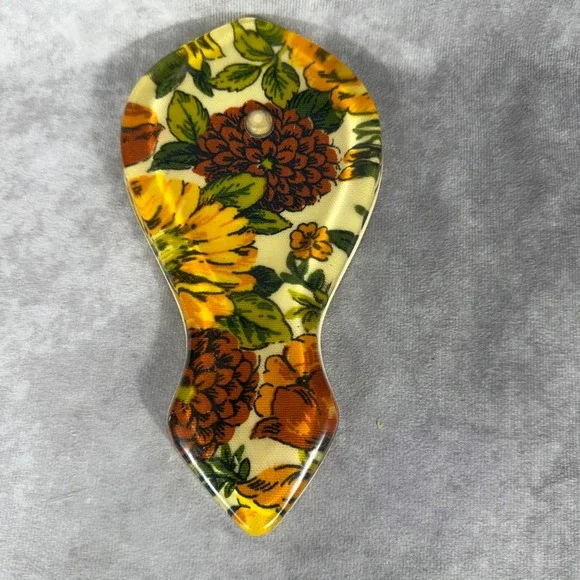 Vtg 60s 70s Floral Acrylic Spoon Rest‎ Orange Yellow Sunflower Retro Kitchenware