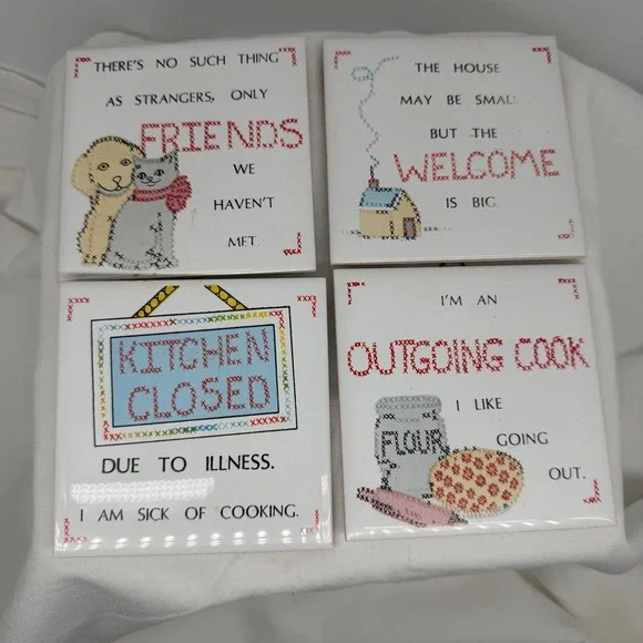 Vintage 1985 House of Lloyd Kitchen Trivet Set of 4 Cross‎ Stitch Ceramic