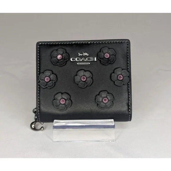 Coach Snap Wallet with Floral Applique - Black, Pink Rivets, Gunmetal, NWT