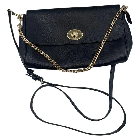 Coach Crossbody Bag Shoulder Bag Ruby Leather Chain Strap Turn Lock Black