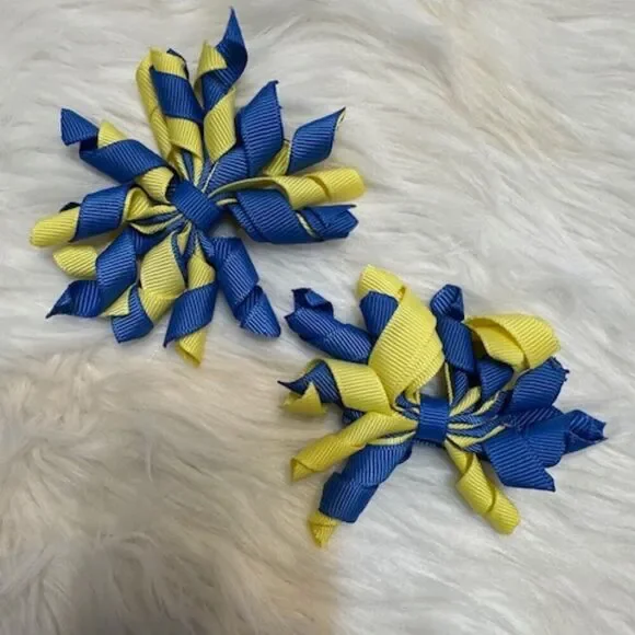 SET of Mini Blue & Yellow Korker Bows  7788  Handmade NWT Boutique