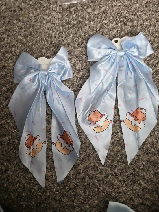 Kids Satin Bow Hair Clips with Cupcake Print - Light Blue