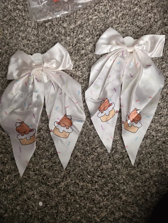 Kids Satin Bow Hair Clips with Cupcake Print - White. Set Of 2