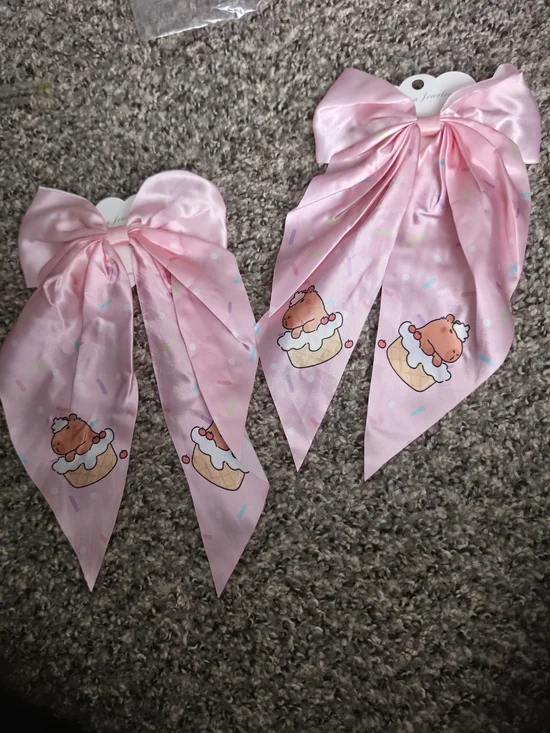 Kids Pink Satin Bow Hair Tie with Cupcake Print