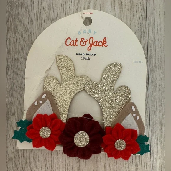 Cat & Jack Glittery Gold Antler Headband with Red Flowers
