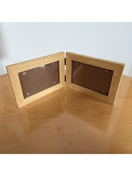 Hinged Double Picture Frame Wood Holds Two Photos Folding Display Wooden Natural