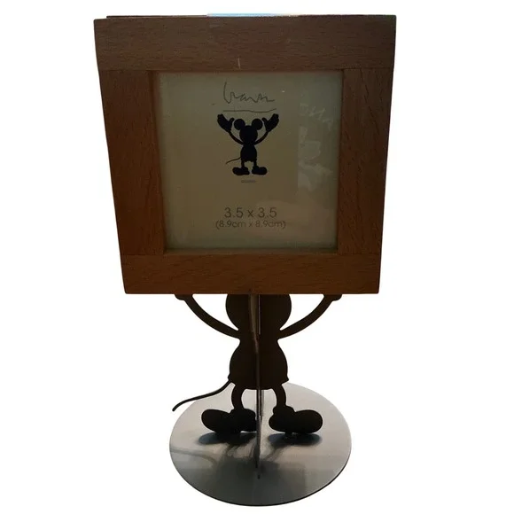 Vintage 1999 Disney Mickey Mouse Wood & Metal Pedestal Picture Frame 3.5x3.5