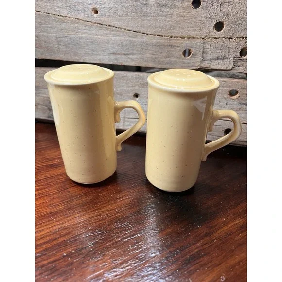 Vintage Yellow Speckled Handled Ceramic Salt Pepper Shakers Cottage Core