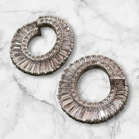diamonique x Zaxie Earrings Silvertone simulated diamond baguettes