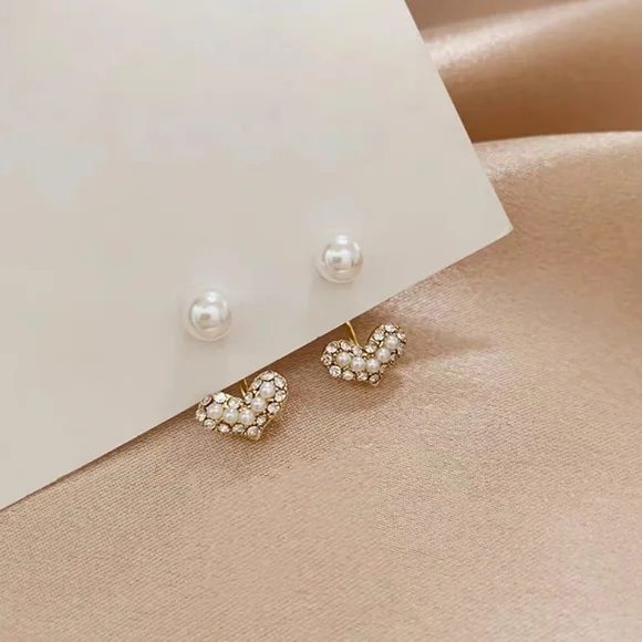 Pearl & Crystal Heart Earrings Dainty Romantic Everyday Style