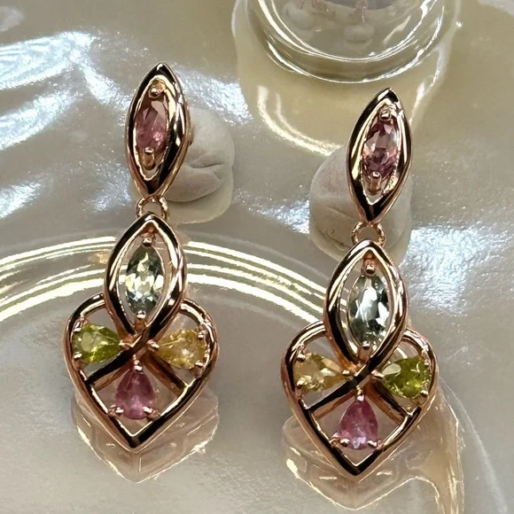 ETR2 2CT Natural Rainbow Tourmaline ART DECO HEART Earrings 18K Rose Gold S925