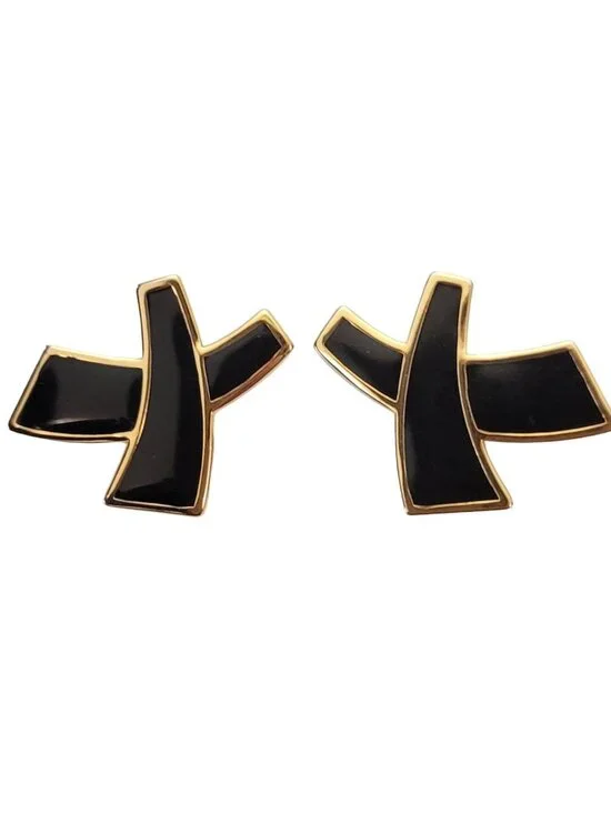 Monet Vintage Black Enamel Asian X Letter Clip On Earrings, Signed E767