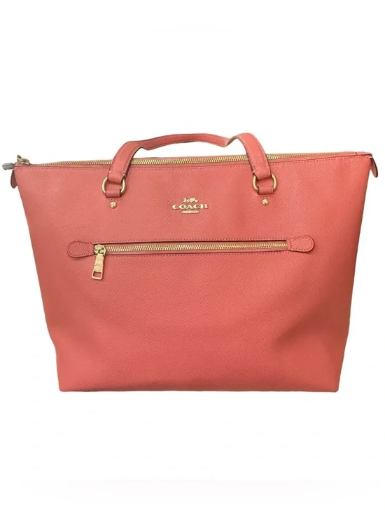 Summer Coach Coral-Red Leather Tote with Gold Hardware