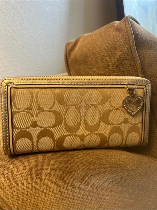Coach Khaki/Tan Signature Continental Wallet with Heart Charm