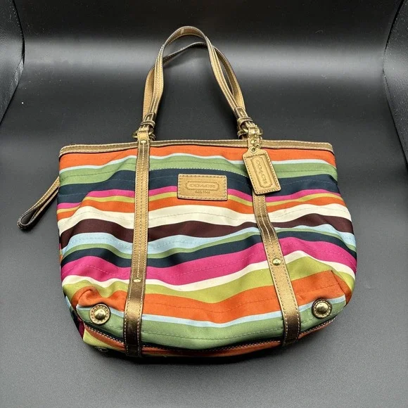 Coach Legacy 12421 Shoulder Striped Bag Purse Satin Brown Green Orange