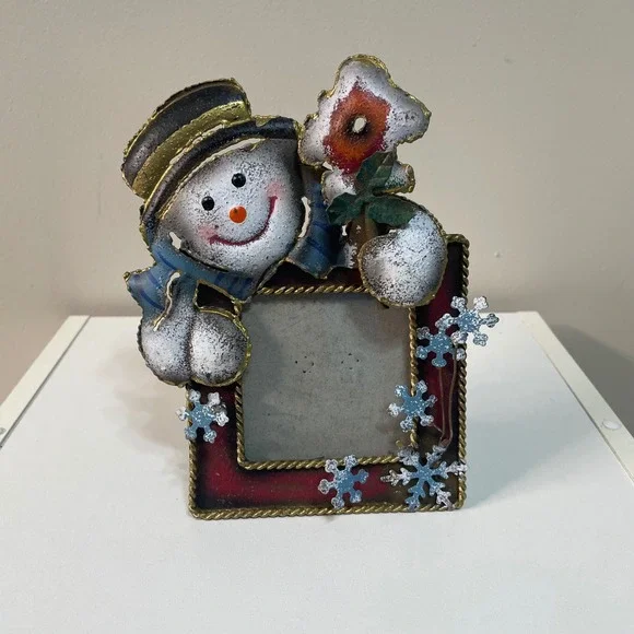 3D Snowman Blue Scarf Frame Christmas Holiday Metal Snowflake‎ Winter Decor