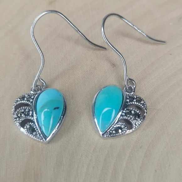 Sterling Silver And Marcasite Heart Dangle Earrings NWT 1