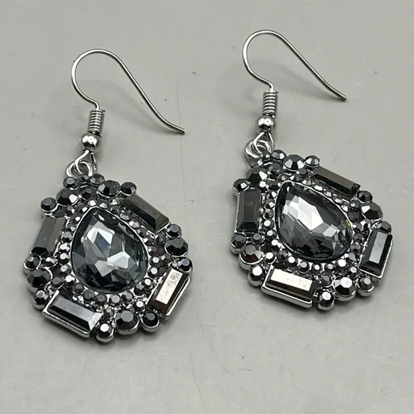 Elegant Silver and Black Rhinestone Teardrop Earrings