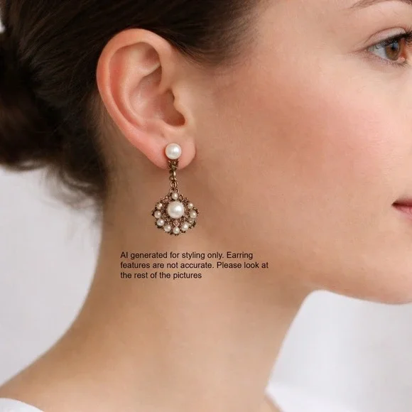 Vintage Copper Filigree Screw Back‎ Earrings Floral White Speckled Cabochon
