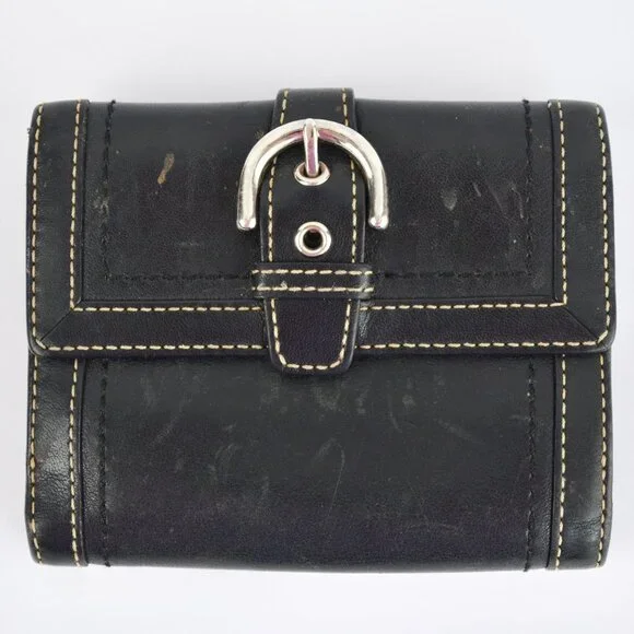 Coach Vintage Black Leather Bifold Wallet Visible Stitching Nickel Hardware Soho