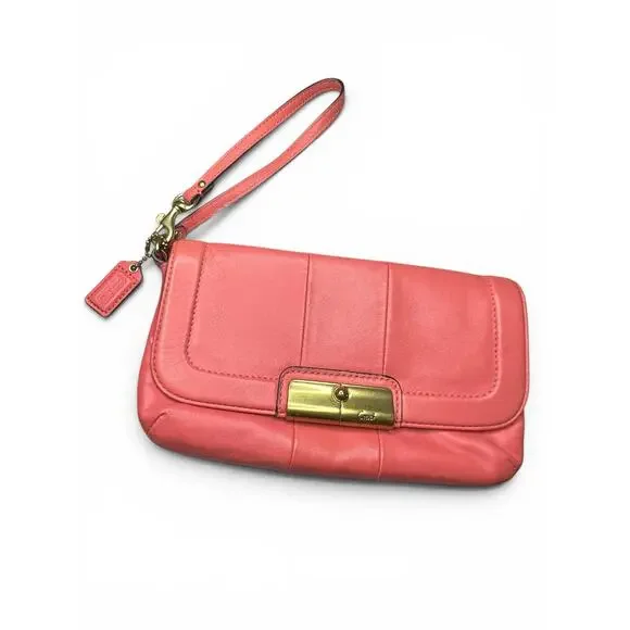 COACH Kristin Coral Pink Soft Leather Flap Wristlet Clutch Wallet EUC