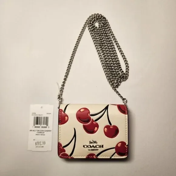 NWT Coach CZ759 Mini Wallet On a Chain Chalk Leather w/Cherry Print