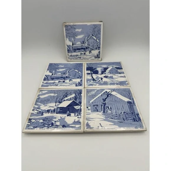 Lot Of 5 Currier & Ives Cast Iron & Ceramic Tile Trivets Vintage Early Americana