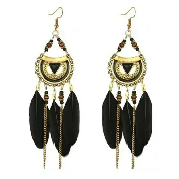 🌼Black Boho dangle feathers