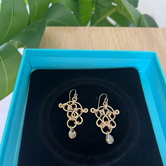 Celtic Knot Gold Gem Traditional Medieval Style Drop Earrings