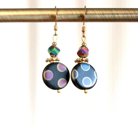 Handmade‎ Black Polka Dot Dangle Earrings Iridescent Beads Funky Unique Quirky