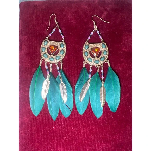 Bohemian Green‎ Feather Dangle Earrings Gold Tone Gemstone Tribal Boho